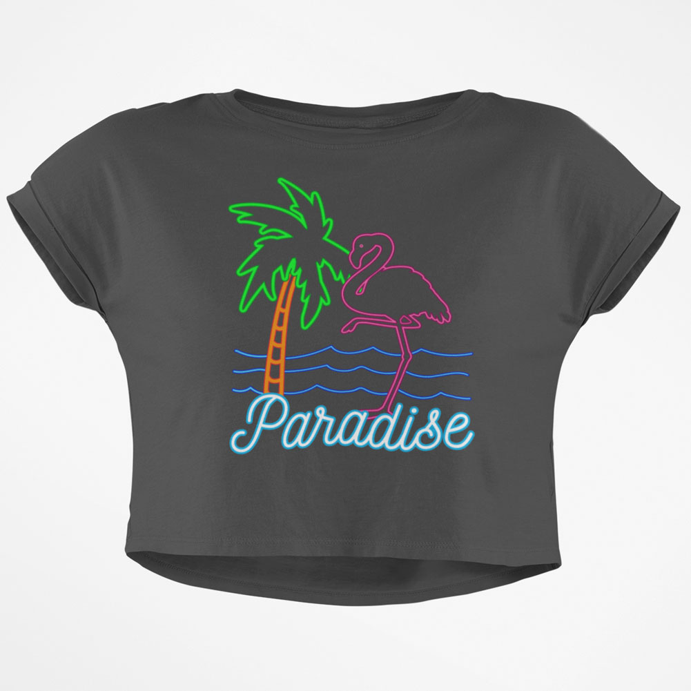 Retro 80s Neon Sign Flamingo Paradise Junior Boxy Crop Top T Shirt - Bild 2 von 3