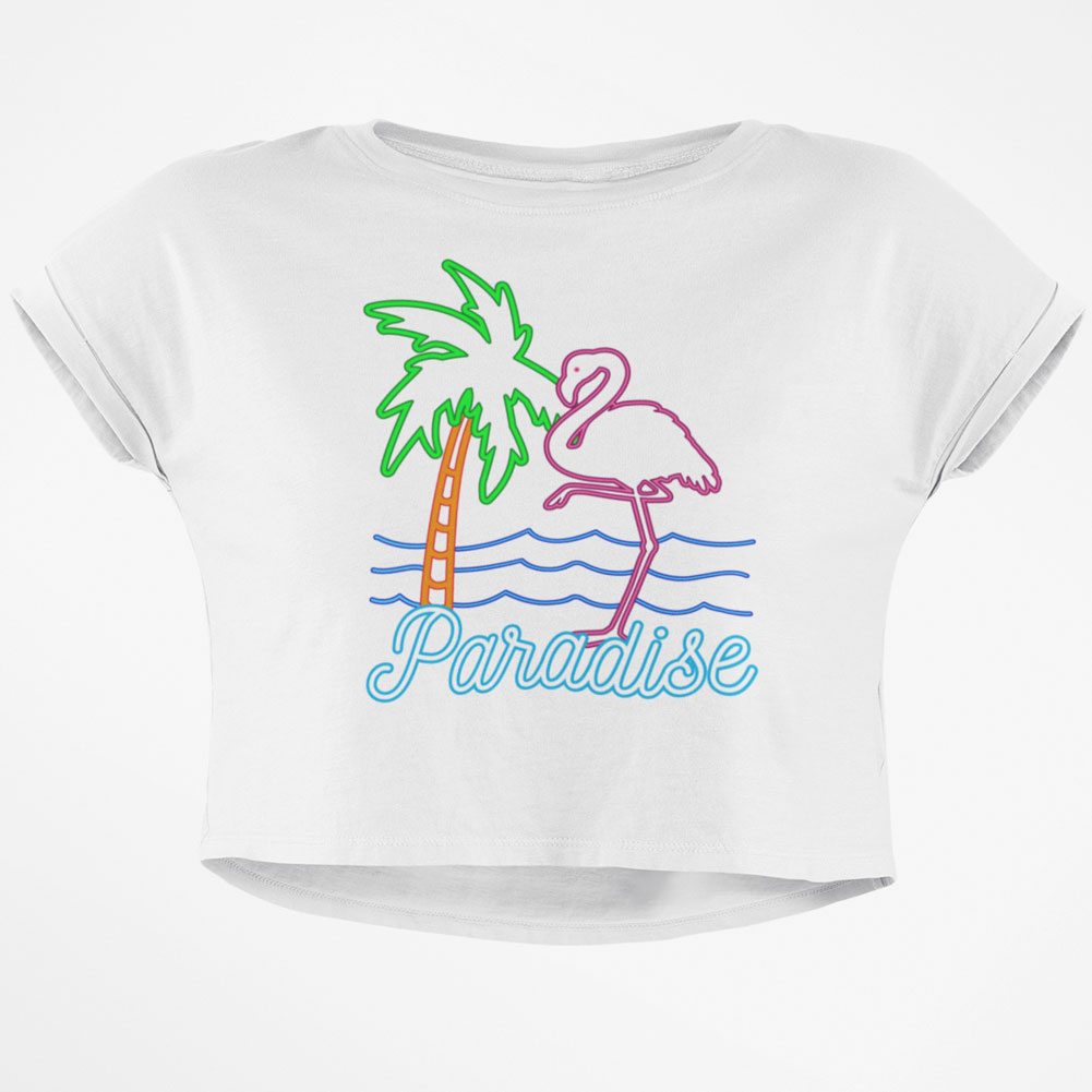 Retro 80s Neon Sign Flamingo Paradise Junior Boxy Crop Top T Shirt - Bild 1 von 3